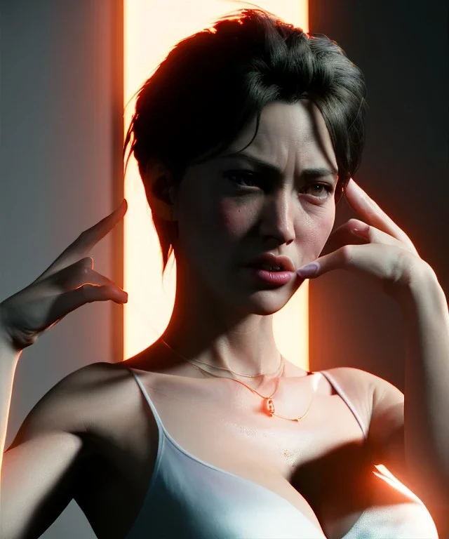 Ultra Realistic image, photo studio, medium shot view, a woman making the fuck off gesture, soft color, highly detailed, unreal engine 5, ray tracing, RTX, lumen lighting, ultra detail, volumetric lighting, finely drawn, high definition, high resolution.