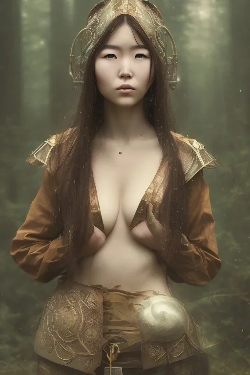 wonderfull japanese woman, big chest, in rain, portrait, viking costume, village, meditation, woods, cyberpunk, 8k quality