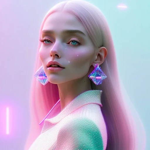 A portrait of a crystalised girl,smiling, laughting longs thin hairs white , atmospheric, realistic,, cinematic lighting, octane render,, pink turquoise light, white skin, pink atmosphere, nice smile