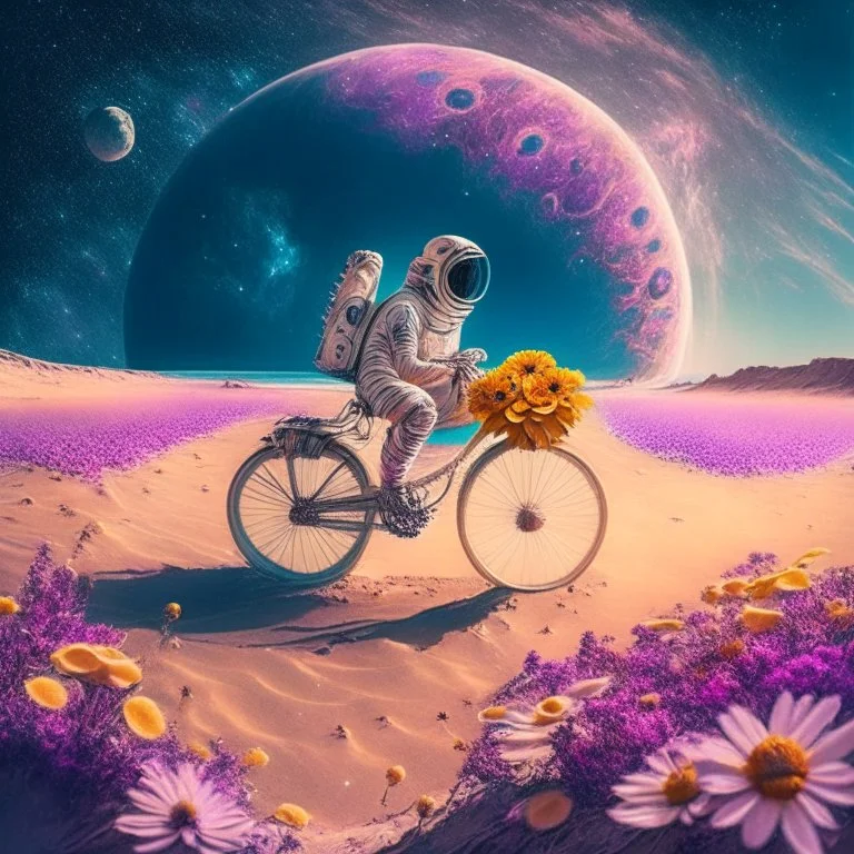 An astronaut is riding a bicycle on the beach of a planet. Dekhtan's flowers - beautiful galaxy - peace