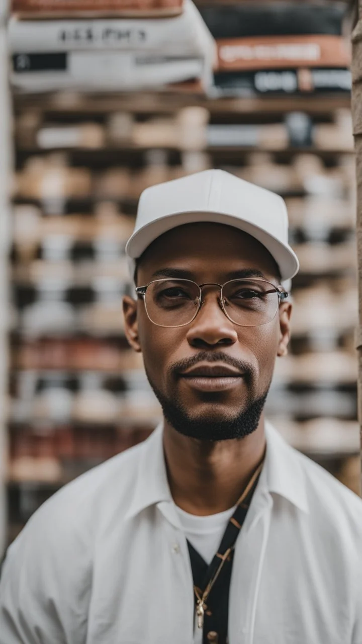 A man wearing a white Dad Hat, glasses, and reading