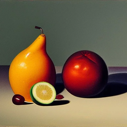 still life bottle half fruit