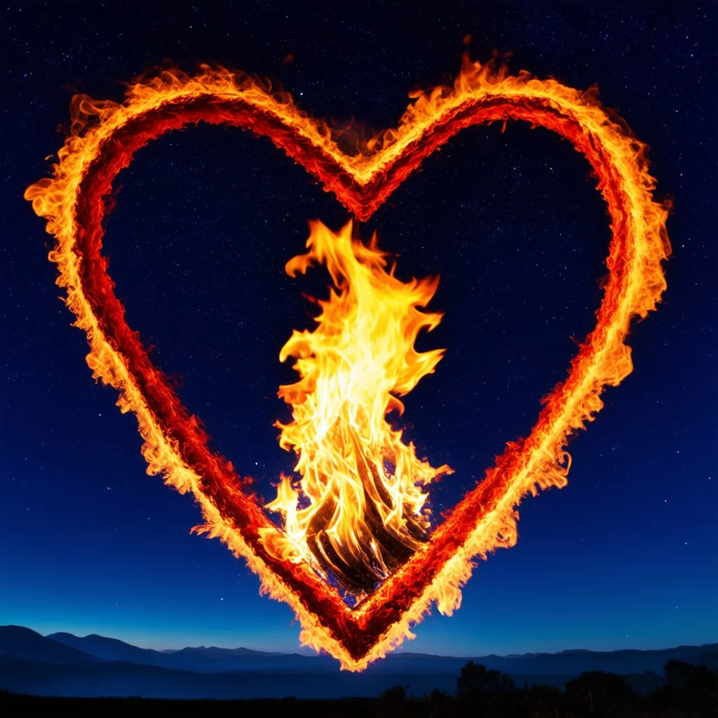 fire in a heart, against a beautiful night sky