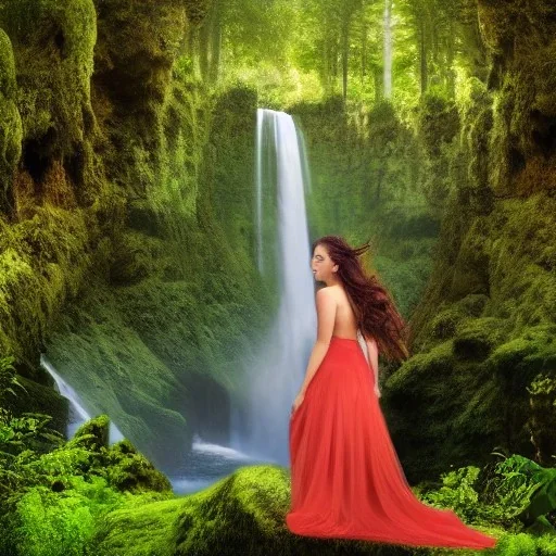 a beautiful woman in a sensual dress posing in a fantasy forest by a waterfall