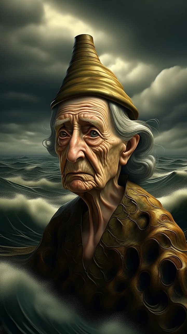 Hyperrealistic illustration of a giant chess piece floating on the surface of a vast ocean, with waves gently lapping against it. The sky is dark and stormy, with heavy, ominous clouds swirling above. In the distance, a small island glows softly, surrounded by a faint golden halo, contrasting with the dramatic, turbulent atmosphere. The overall scene should be moody and surreal, with intricate textures on the chess piece to highlight its grandeur and mystery.