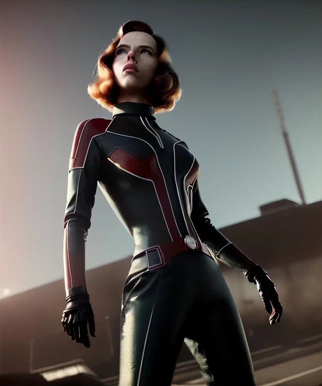 retro sci-fi portrait image from 1960, supermarket parking explosion, fire, classic black widow, young Scarlett Johansson, classic black tight lycra latex suit, retro superhero style, soft color, highly detailed, unreal engine 5, ray tracing, RTX, lumen lighting, ultra detail, volumetric lighting, 3d, finely drawn, high definition, high resolution.