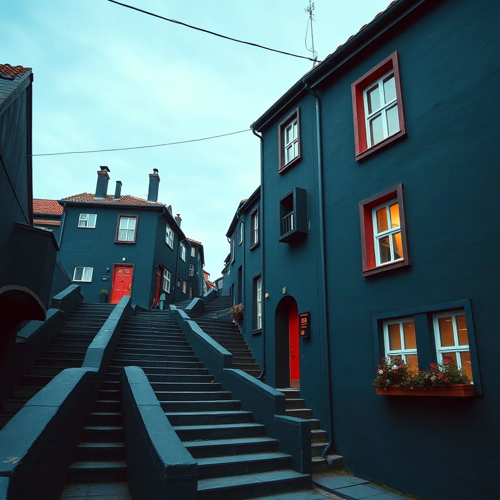 Fotografia di strada assurda e falsa orripilante blu weirdcore dai colori vivaci, liminalcore. Escher. Scale che scendono. Yves Tanguy. Non luogo falso, inusuale. Le case sono false e dipinte di nero chiaro con cose stilizzate e dettagli. Ci sono finestrelle false quadrate, che danno un senso distopico e molto surreale, disposte in modo casuale. L'atmosfera generale sembra noiosa e onirica, con un contrasto tra elementi reali ed elementi dipinti falsi, René Magritte, oddest things