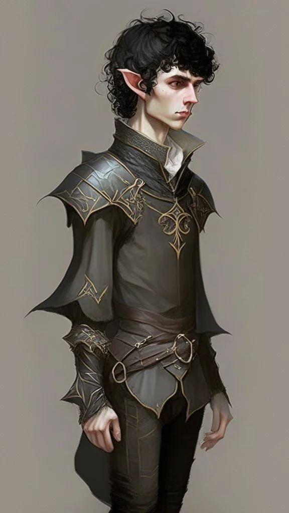 boy elf,he has curly, black hair and sharp cheekbones. His eyes are black. He wears fantasy medieval clothes. he is lean and tall, with pale skin, full body with boots, side view full body side profile