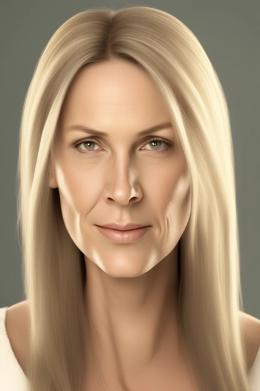 realistic, (49yr old female)without makeup, Caucasian beautiful face, 3/4 head position, dark hair, studio lighting, cinematic light, beautiful woman, milk beige middle hair, perfect anatomy, on white background, 8k Resolution, highly detailed, non-symmetrical body a, detailed hairstyles and skin texture