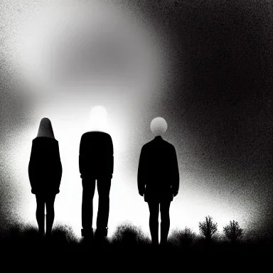 three figures, silhouettes, dark, foggy weather, night, forest, black, horror, art, evil, dark effect, trees, more trees, deep forest, eyes, different height, blue dots,