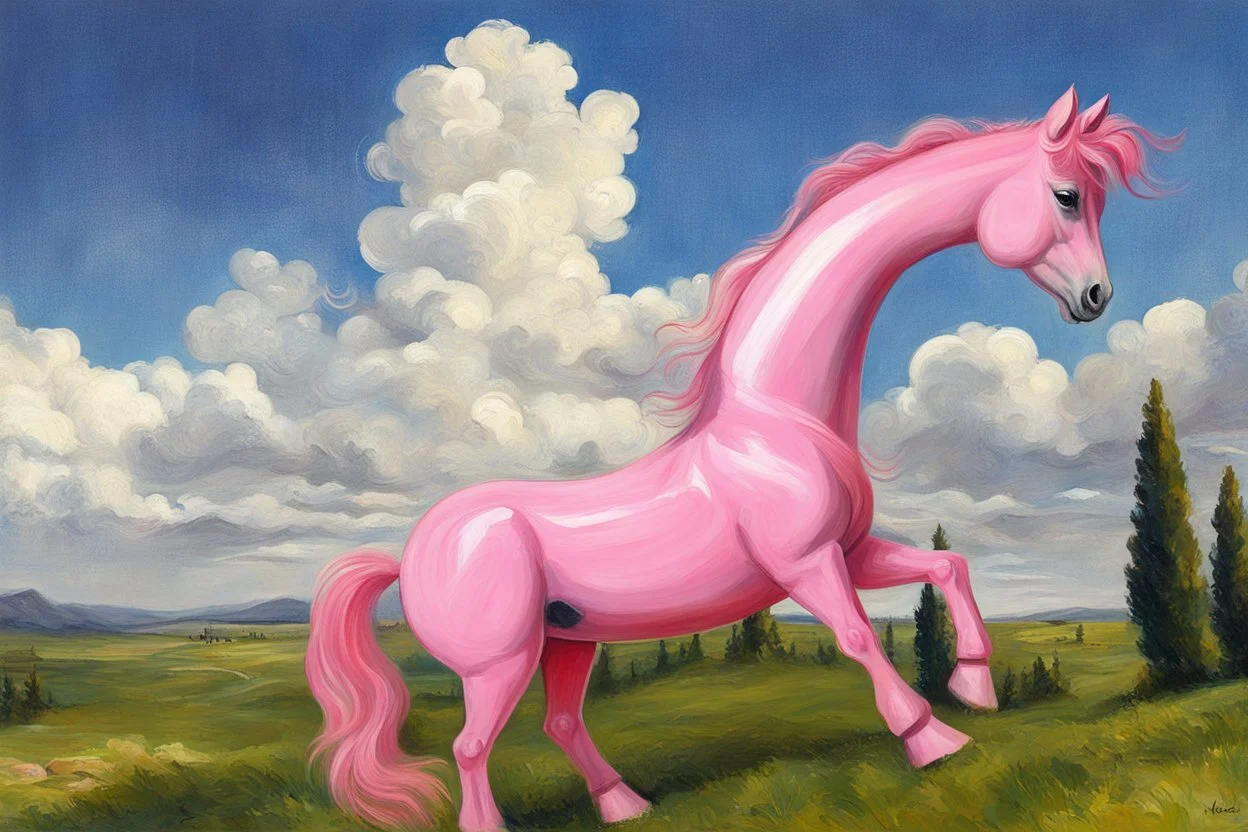 Big pink plastic toy horse.19th painting