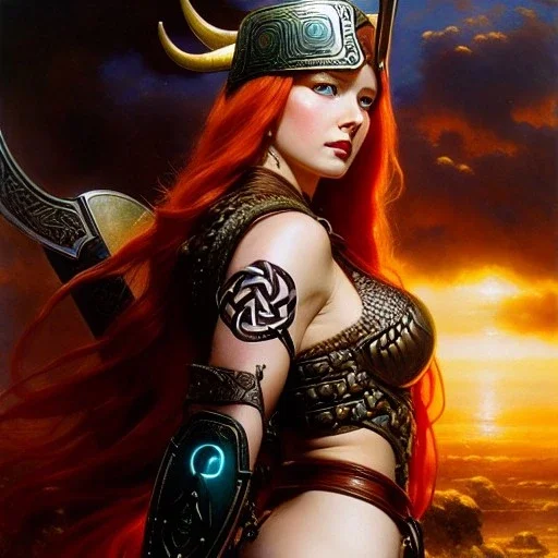 portrait 'beautiful Sexy busty Redhead Sif',Braids,horned helmet, celtic tattoed,painting by gaston bussiere, greg rutkowski, yoji shinkawa, yoshitaka amano, tsutomu nihei, donato giancola, tim hildebrandt, oil on canvas, cinematic composition, extreme detail,fit full head inside picture,32k