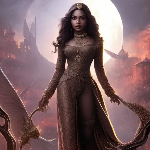 fantasy setting, insanely detailed, dark-skinned woman, indian, black wavy hair, magician, medieval cothes