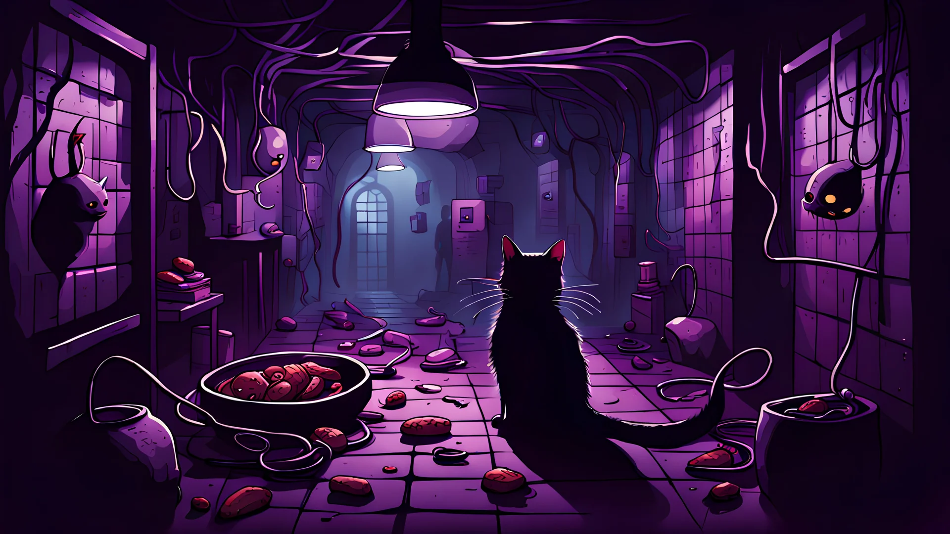 dark place, cozy place, technological,small black cat in the distance, body horror, creepy, fantasy, hook, violet, meat, underground, magic, cells, blood