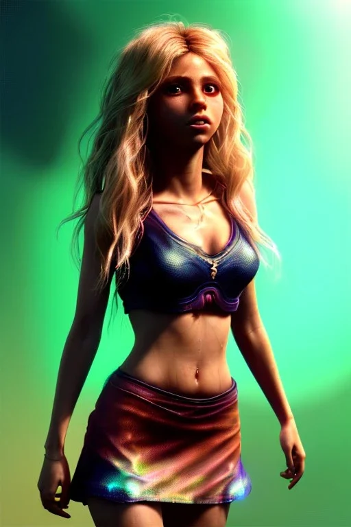 Shakira, artist, 30 years old, Realistic image, waist up portrait, etro style dress. Blonde, loose long hair, eyes make up, perfect, glow, circle iris. Neon colors, leds, geometric shapes. Dark background, photo studio, neon lights. Cyberpunk, concept art, smooth, unreal engine 5, god lights, ray tracing, RTX, lumen lighting, ultra detail, volumetric lighting, 3d, finely drawn, high definition, 4k.