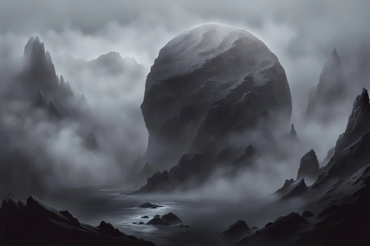a big rocky sphere breaks open, positioned at the tip top of a mountain's peak, shrouded in mist. cinematic lighting, artstation, grim mood