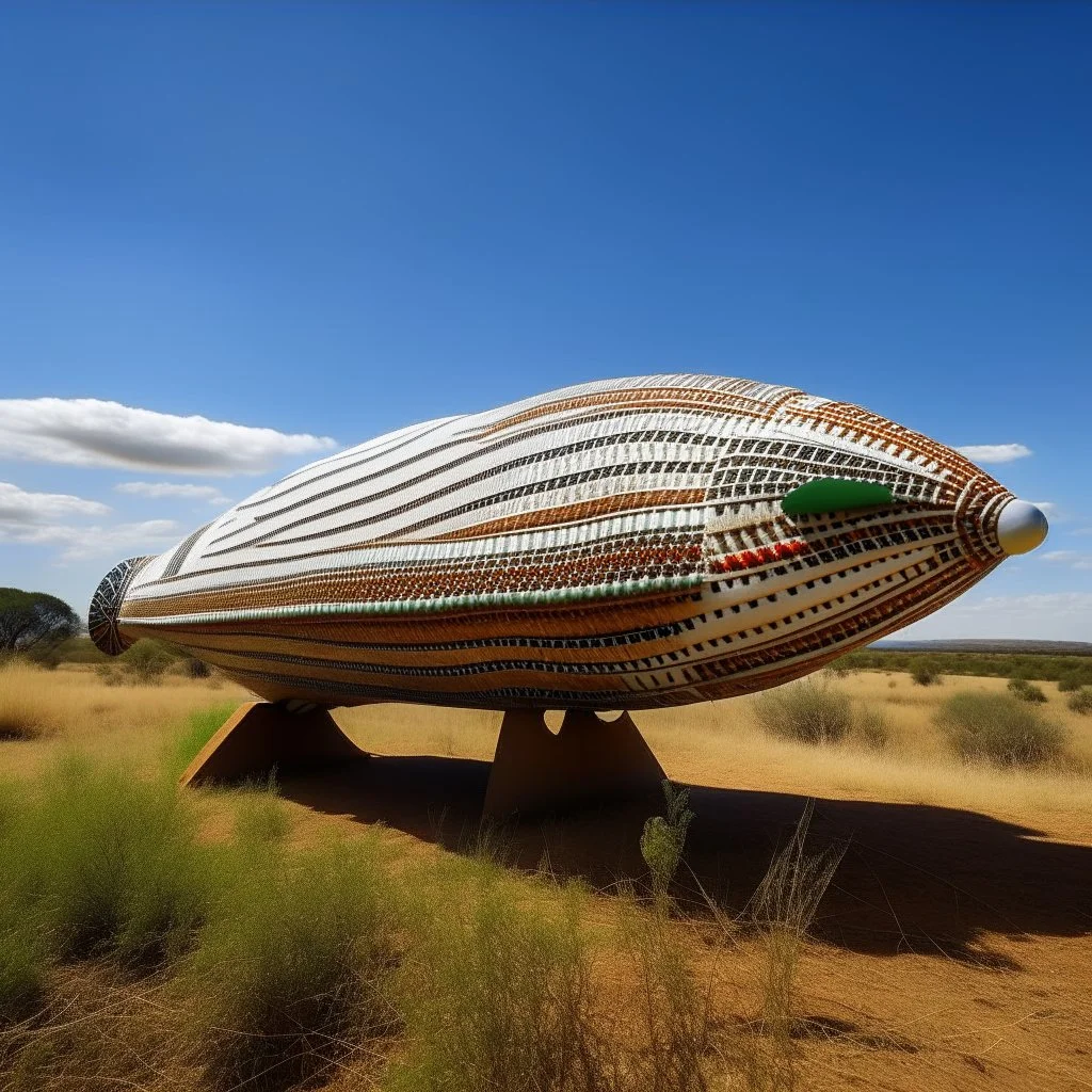 A white eagle shaped airship designed in Australian aboriginal art