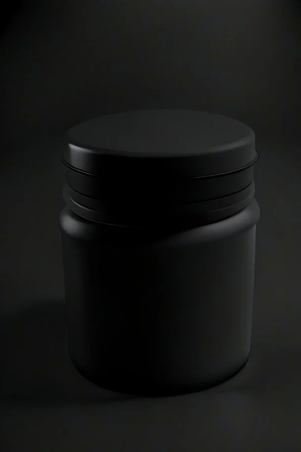 Black protein powder container, screw lid, lid is off, lid lays on the side of the container, round container, black studio, black background, dark setting, no labels on the container, very detailed, realism, high quality