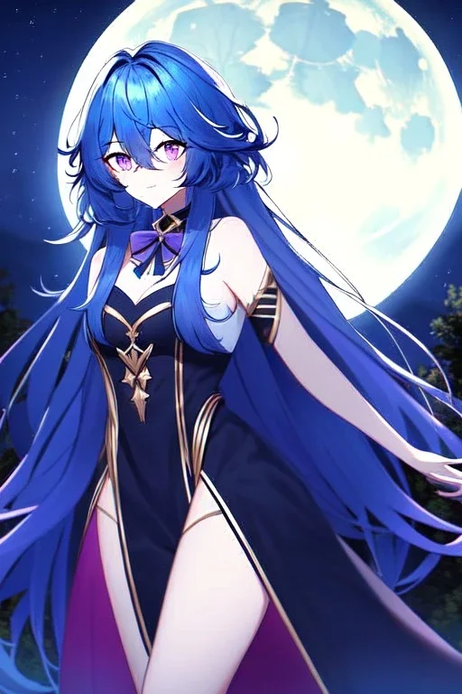 girl, masterpiece, best quality, cinematic lighting, detailed outfit, vibrant colors, perfect eyes, blue hair, absurdly long hair, purple eyes, messy hair, hair between eyes, outdoors, moon, night sky, starry sky,