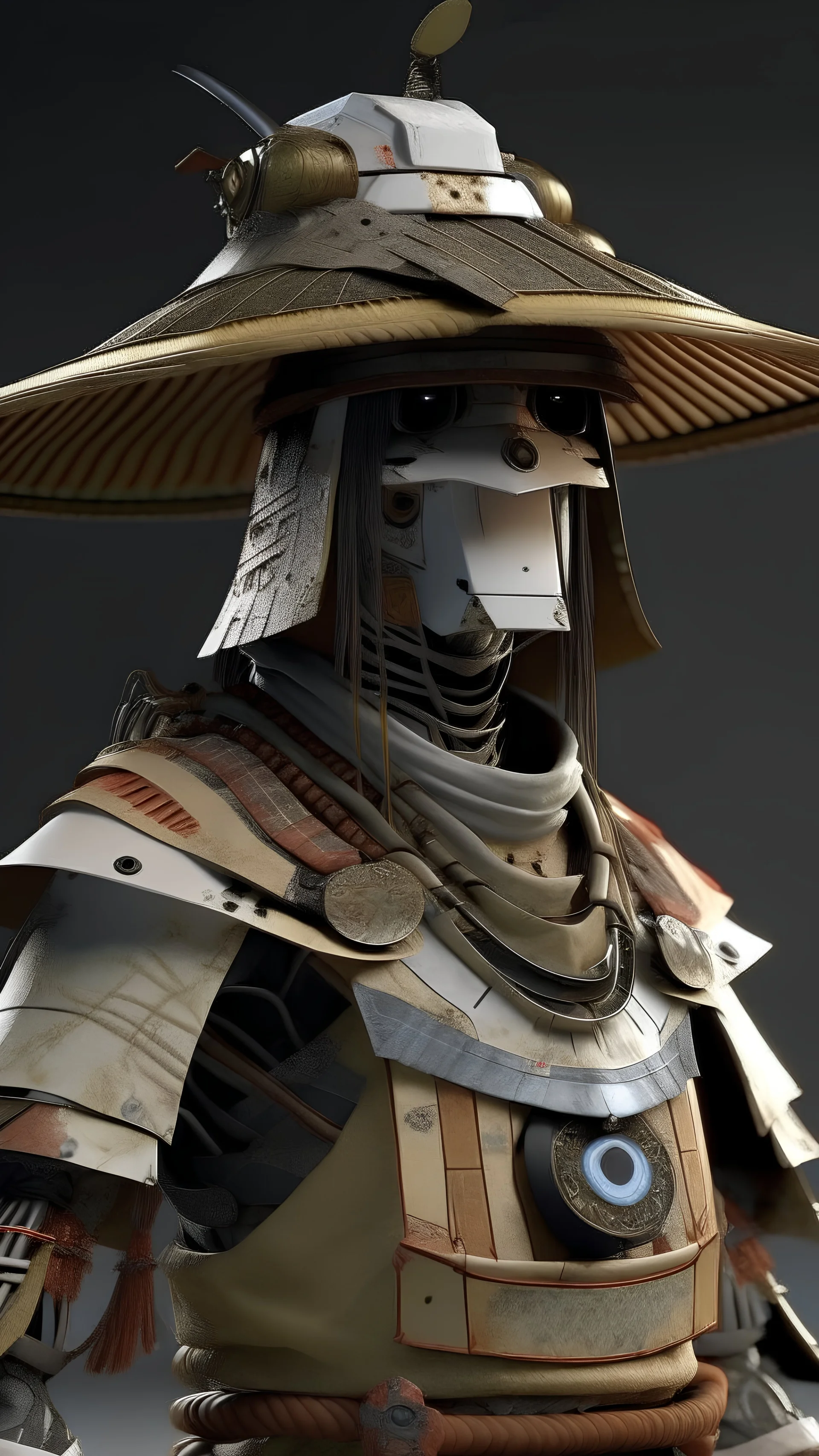 high-tech robot samurai wearing rags wearing strawhat photorealistic