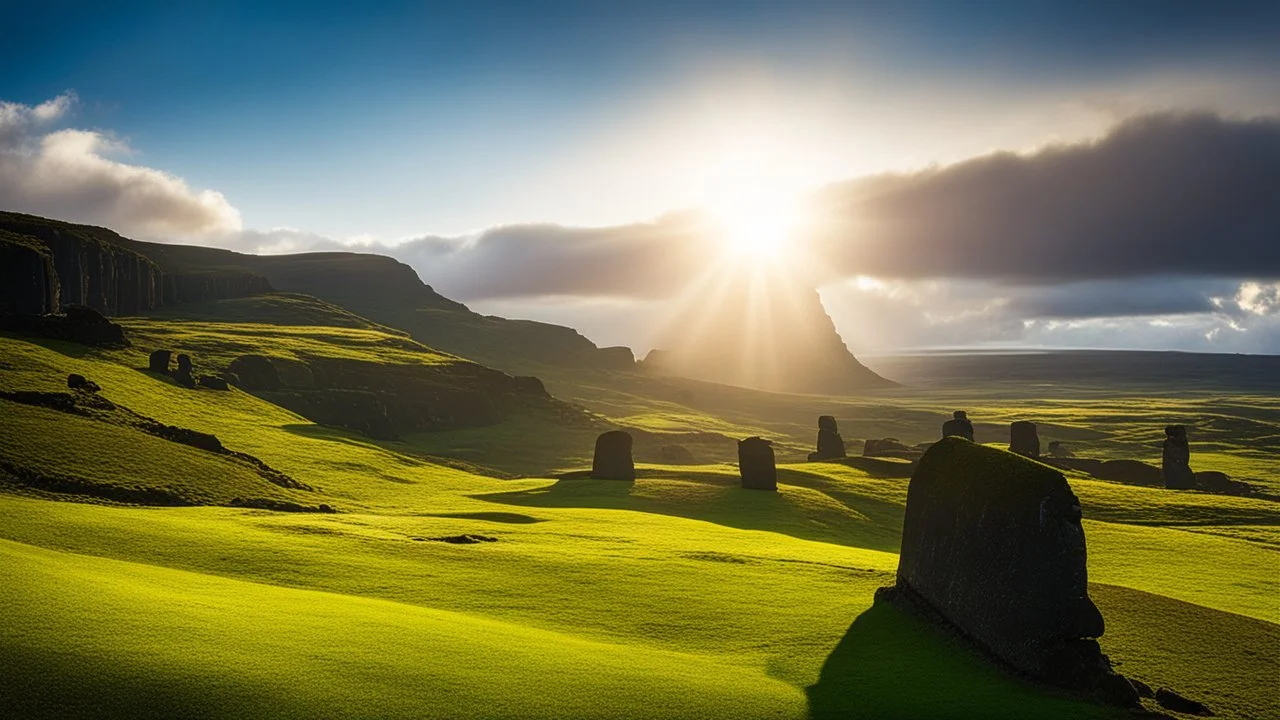 calm beauty, fantasy, magic, splendor, uplifting, inspiring, therapeutic, Easter Island, springtime, sunlight, chiaroscuro, color, award-winning colour photograph, Nikon 135mm