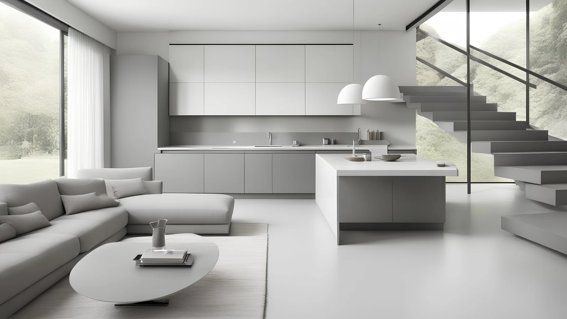 Cozinha grande moderna minimalista, moveis cinza, sofá, escadas para a sala,