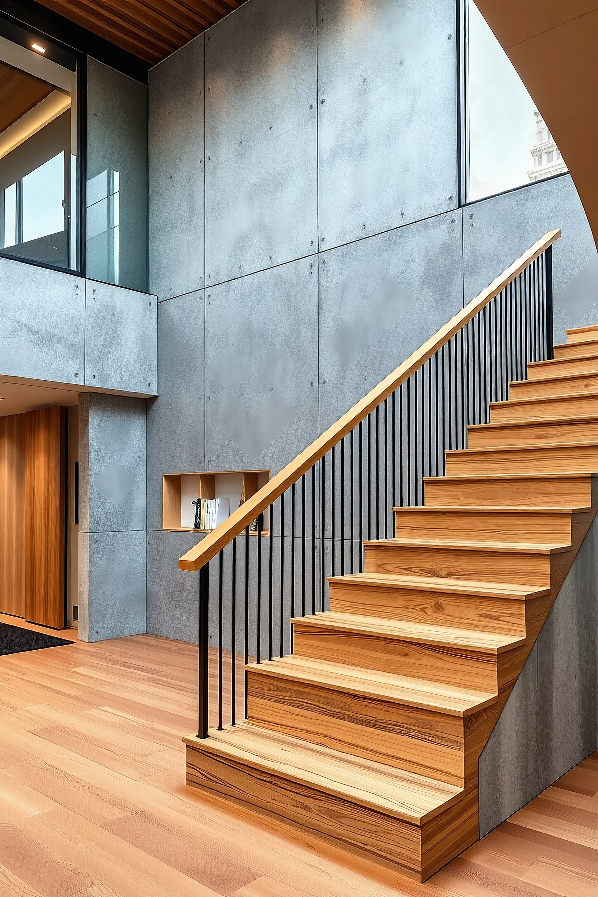 Exclusive hight end wooden oak stairs next to concrete wall. Inside Office building