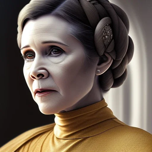 extremely detailed 8k hyperspace wallpaper,complete and photo realistic detailed head to waist stunning photo realistic portrait of carrie fisher as Princess Leia in star wars with photo realistic fine, simple and symetric haircut, brown eyes, professional majestic photo realistic painting by Ed Blinkey, Atey Ghailan, by Jeremy Mann, Greg Manchess, Antonio Moro, trending on ArtStation, Intricate, High Detail, Sharp focus, dramatic, by greg rutkowski, realism, beautiful and detailed lighting,