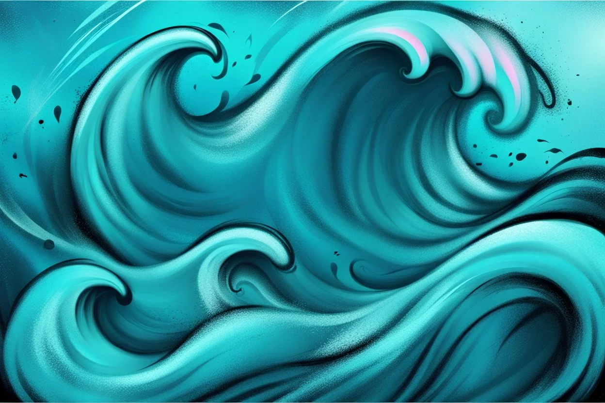 a background of surf waves with black linework, blue teal tones, surf culture, kawaii cute. + vector linework. swirling in bottom right. add pink and magenta emotional graffiti over edges