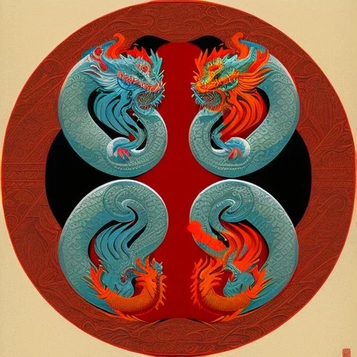 Ukiyo-e Style , ying anf yang sign, dragon