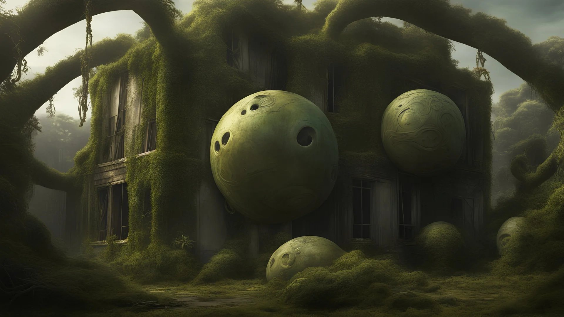 floating alien balls with tentacles, rampant foliage, vines, Spanish moss, next to a derelict alien building, photorealistic, surreal detail