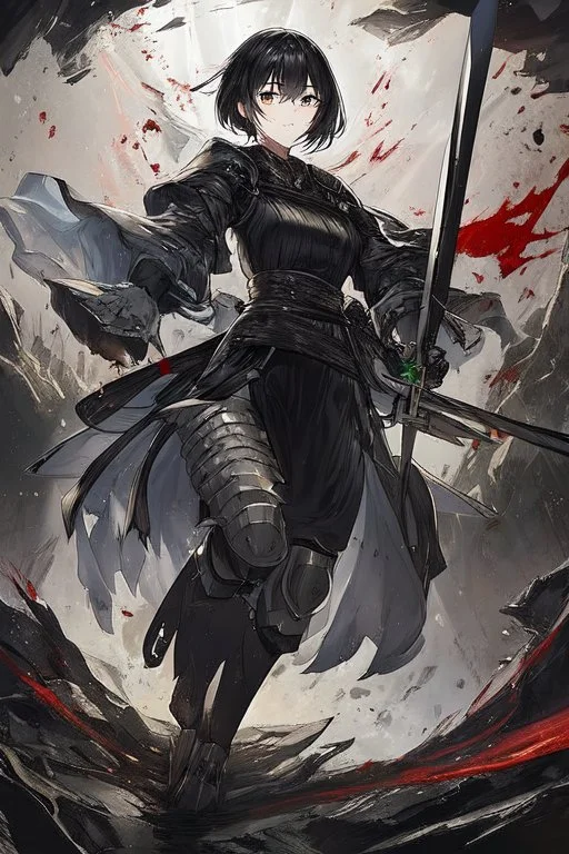 Anime girl with short black hair and sharp green eyes, holding a pike, full body black and white metal plate armour, full body shot, Dramatic lighting,1woman, soaked in blood, Warrior, standing pose, sword at the waist, close shot