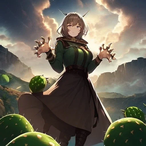 anime real life like cactus in the desert in arizona, grand canyon,anime, storm clouds in the background, prickly cactus.her hands