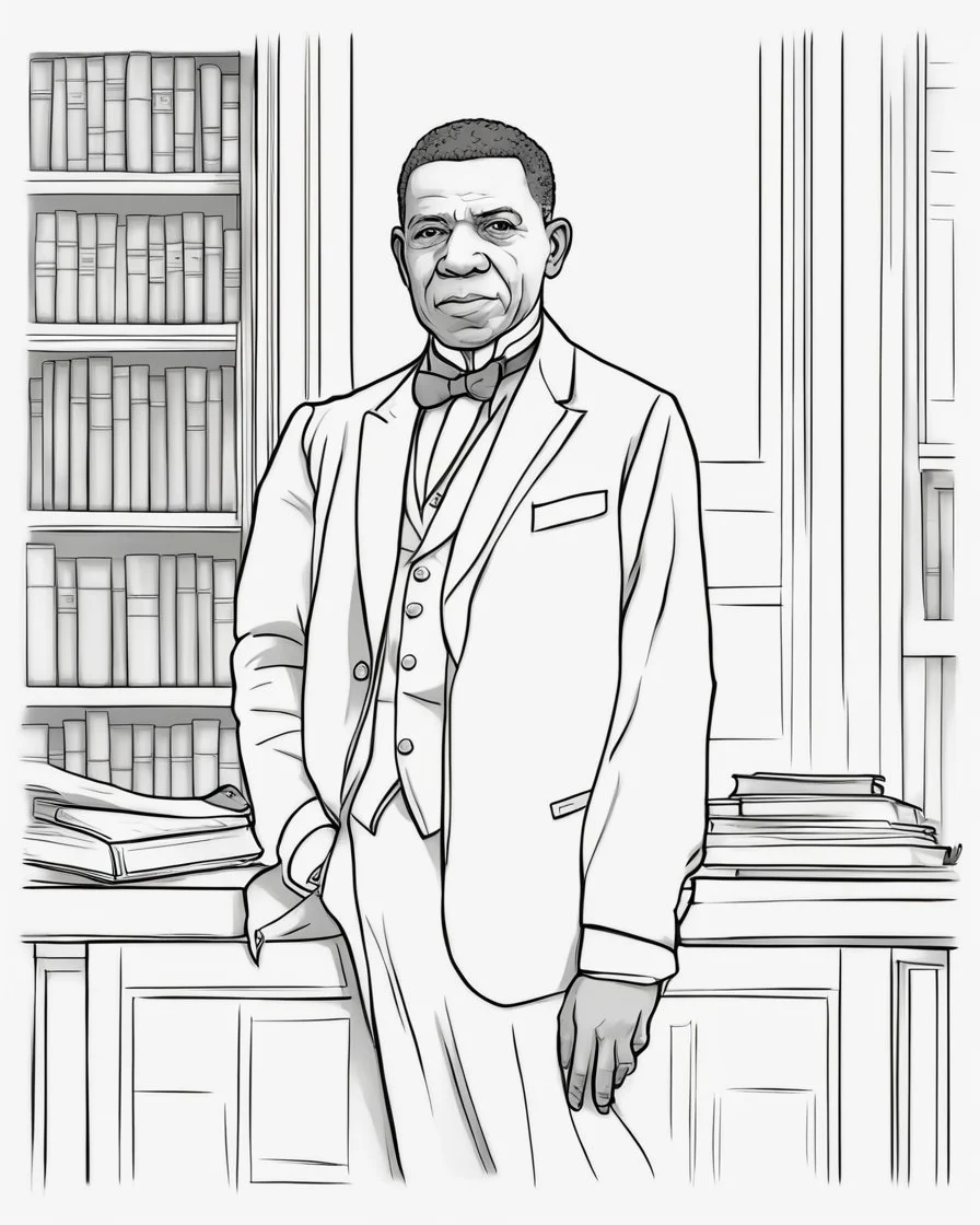 Outline art for coloring pages with Booker T. Washington, white background, sketch style, only use black outline, white background, no shadows and well and clear outline