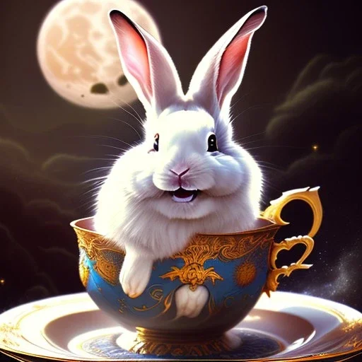 laughing bunny king , dreaming of the moon and flying candles, drinking warm tea surfing waves on a teacup,misty fantasy art, book cover