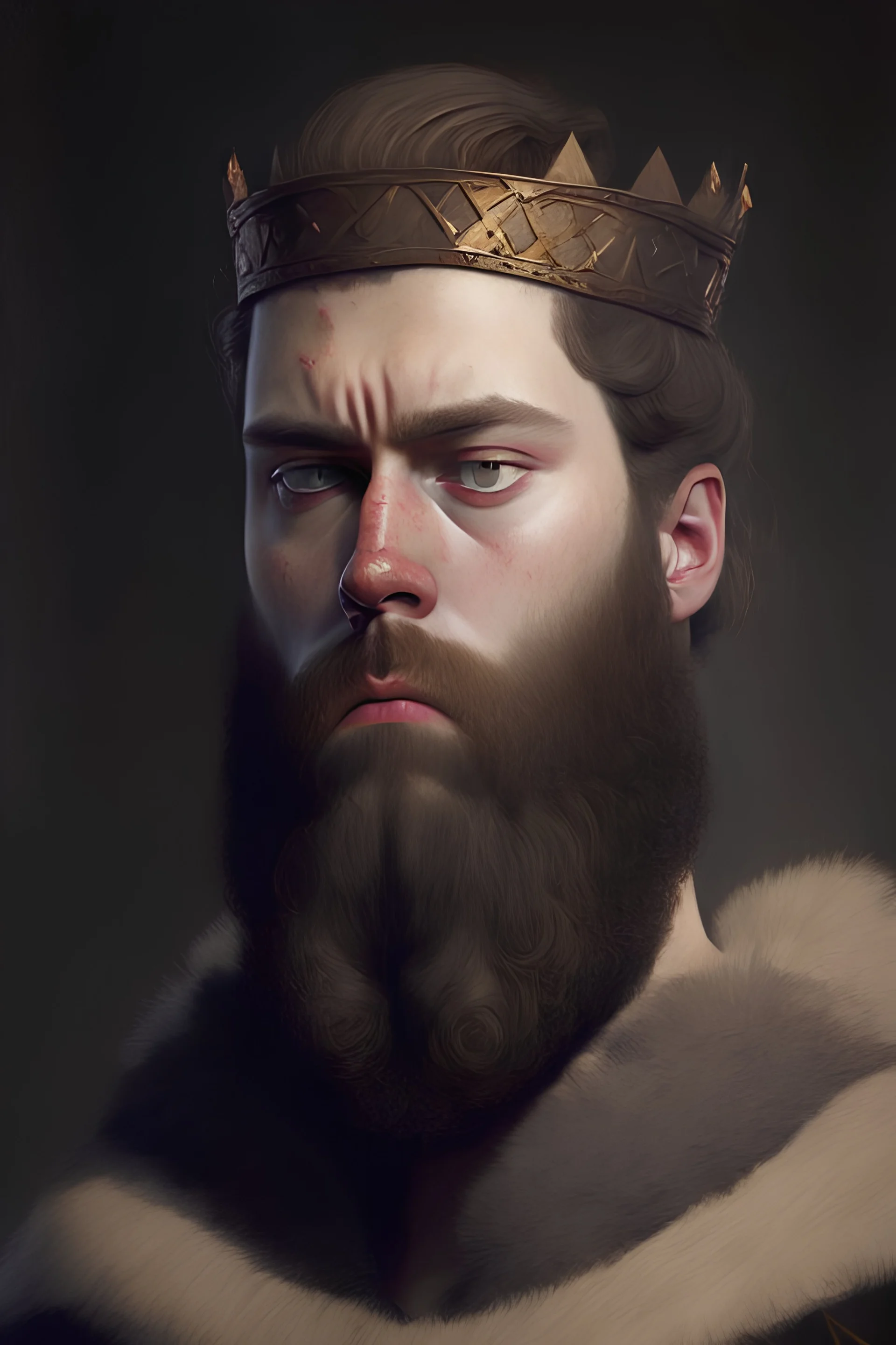 Portrait of a young king, looking grumpy, with short hair and a long beard
