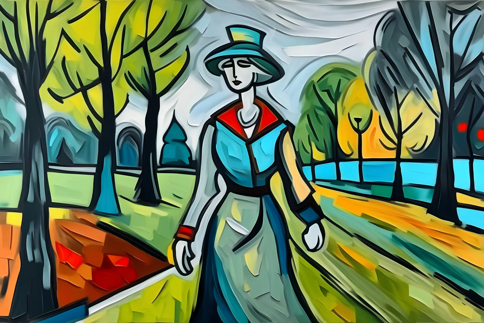 painting in style of picasso woman walks in park