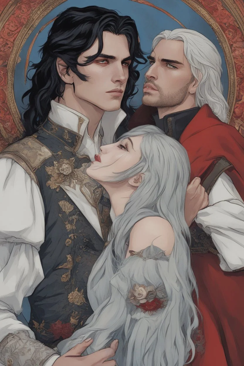 A couple from the dnd game curse of Strahd. The woman has long white hair and blue eyes, the man has LONG BLACK hair and red eyes, no facial hair. KISSING