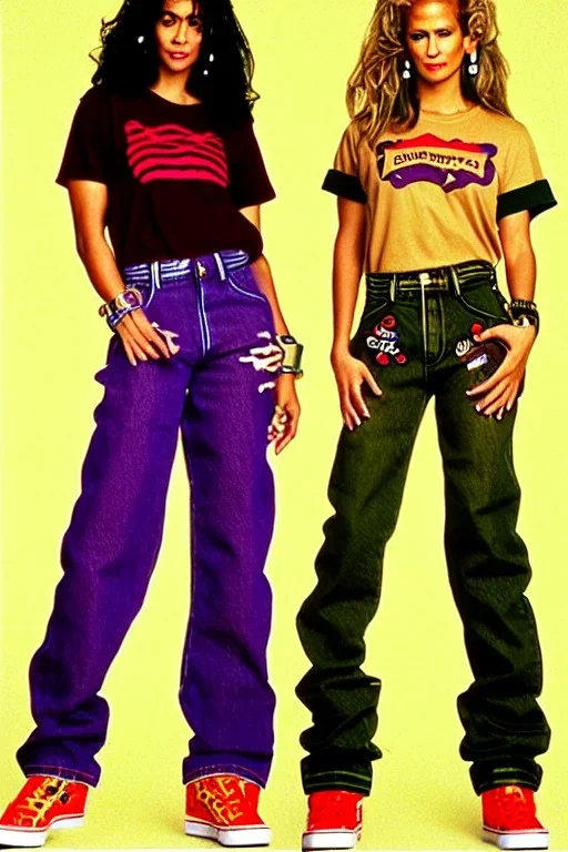 year 1996 denim fashion. Loose fit, "combat pants" with low waist, baggy, Combat pants and t-shirt. Colors: denim blue, blue, purple, khaki, light green, lilac, plum, orange, terracotta, red, pink, dark blue, beige. Women models. Patterns: cheetah, balls, stripes.Jennifer Lopez, Gwyneth Paltrow, . Big tennis shoes on. Cargo pants. leg warmer