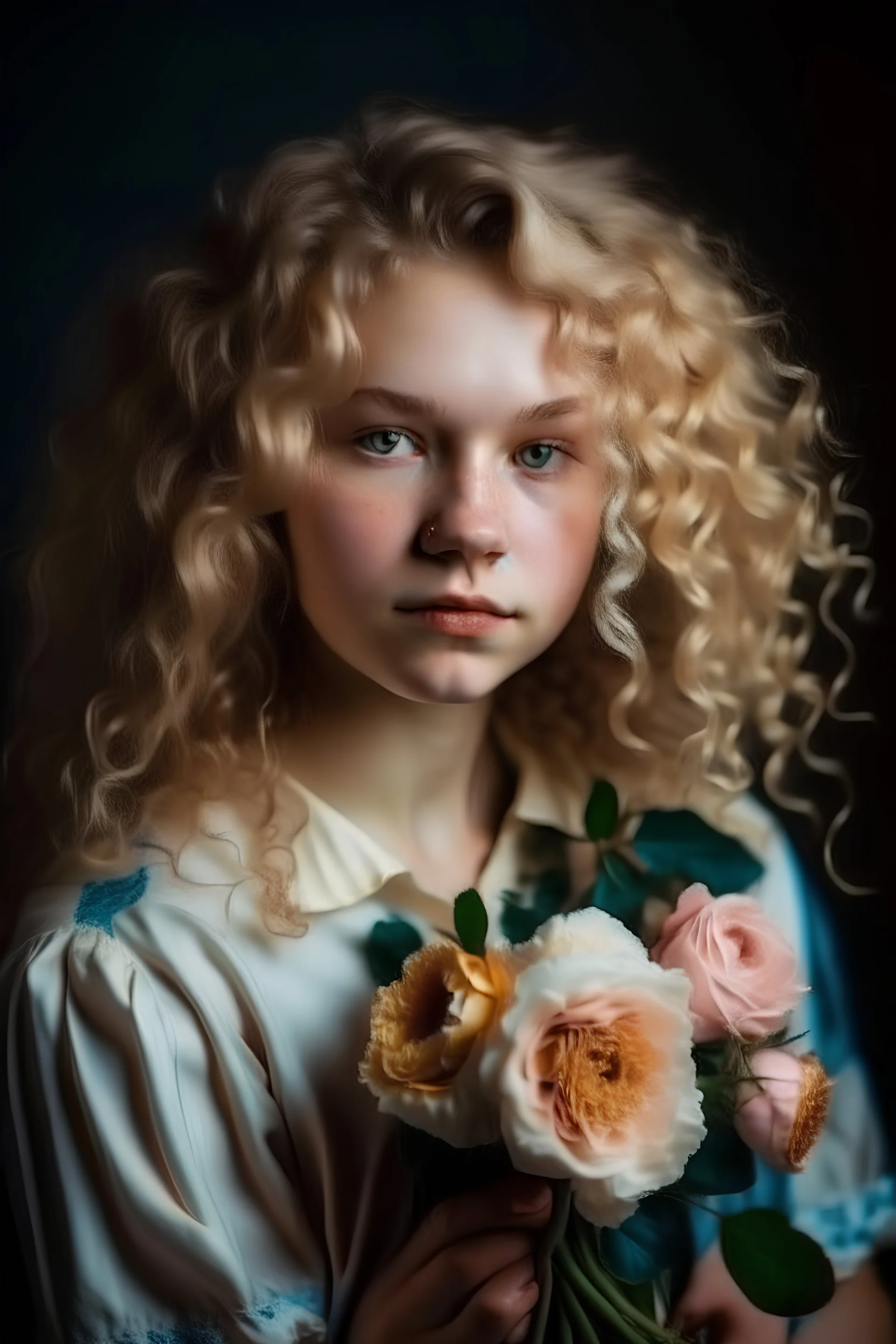 Portret van een meisje meet blond haar en krullen en bloemen in haar hand