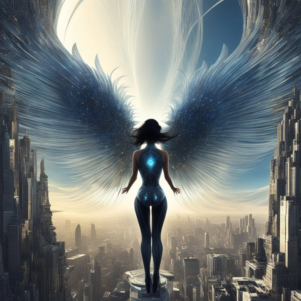 [fractal art: Mandelbulb 3d] In a world where the sky is the new frontier, “AeroDynamica” emerges as the embodiment of progress and freedom. This digital artwork captures a futuristic girl, her silhouette sleek against the cityscape, with wings that are a marvel of bioengineering. They unfurl with a grace that belies their intricate design, a fusion of organic curves and cutting-edge technology. “AeroDynamica” is not just a figure; she’s a statement about the potential within us all to