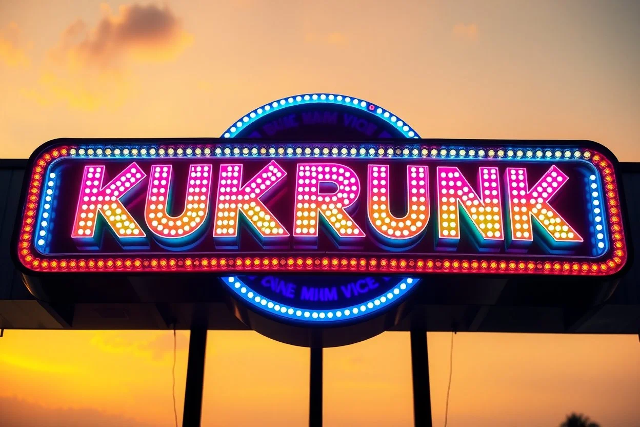 A 1980 disco sign labeled "KUKRUNK" bold multi colored 80s font, miami vice background drop, sunset