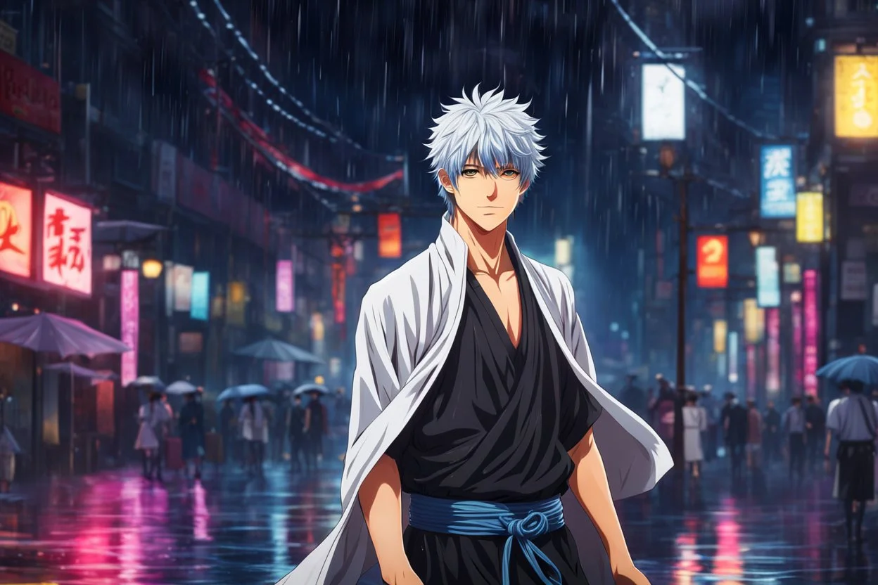 Gintoki in 8k 2D anime realistic drawing style, Gintama costum, close picture, rain, japan, neon, highly detailed, high details, detailed portrait, masterpiece,ultra detailed, ultra quality
