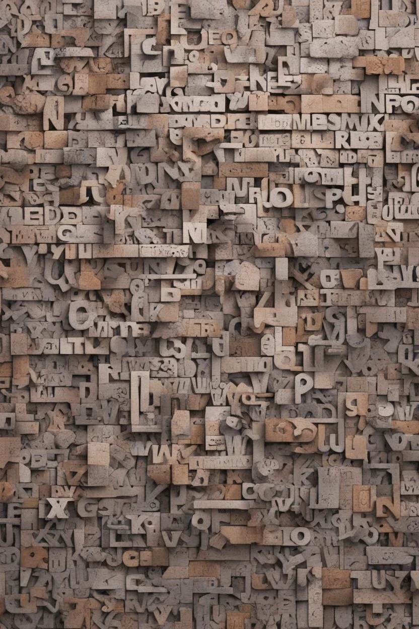 A brick wall made up of words and letters of the English alphabet, Many letters, abstraction. A high-resolution image of 8 K.