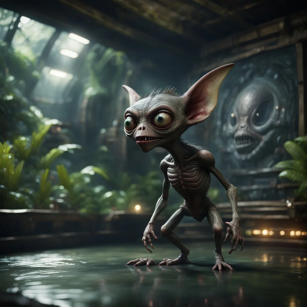 a lecture on blackboard of alien gremlin anatomy in dark lit reflective wet jungle metallic hall dome hotel tunnel, in the style of a fallout 4,bokeh like f/0.8, tilt-shift lens 8k, high detail, smooth render, down-light, unreal engine, prize winning