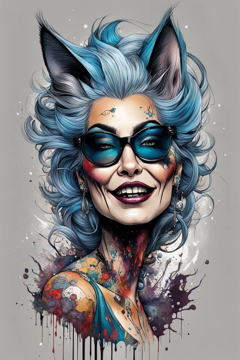 highly detailed full color, caricature concept illustration of a seductive female Silver Fox Blues singer , maximalist, sharp focus, highest resolution, in the styles of Ralph Steadman, Alex Pardee, Denis Forkas , and Masahiro Ito, boldly inked, 8k, coarse, gritty textures