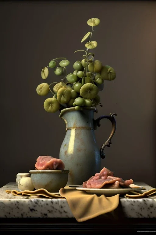 renaissance style still life composite, dish of Raviolis with cow meat, vine cup, olive oil. moisture, art, natural, ornaments, ceramic, marble, high kitchen, smooth, god rays, unreal engine 5, ray tracing, RTX, lumen lighting, ultra detail, volumetric lighting, 3d.