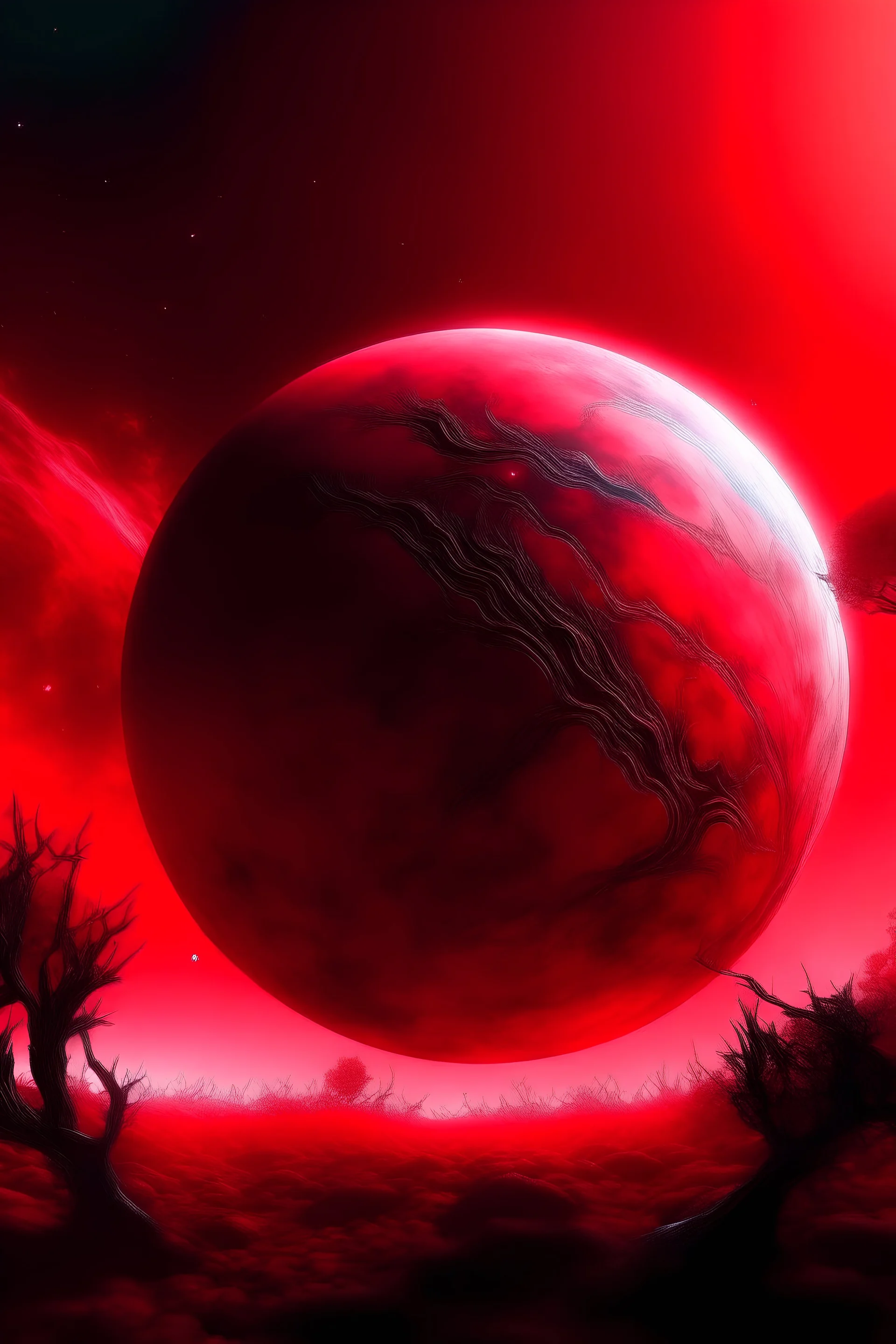 A3 format spray paint planet with nebula in the background all in red tint.