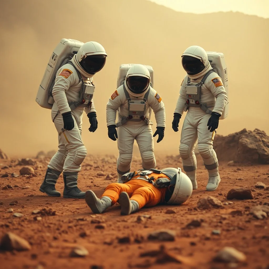 Fotografia di tre astronauti in una scena ambientata su un pianeta deserto, simile a Marte, con erreno rossastro e le rocce attorno. Due degli astronauti, in tute spaziali bianche, stanno osservando o assistendo un terzo astronauta, che è disteso a terra con una tuta spaziale arancione. L'atmosfera è drammatica, suggerendo una situazione di emergenza o difficoltà. Il terreno roccioso e polveroso ricorda un paesaggio alieno o marziano, e la luce soffusa crea un senso di isolamento e incertezza.