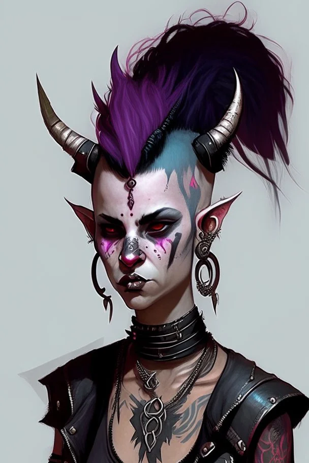 As tiefling teenage girl, she has lots of jewelry and the horns of a ram and also the horns of a gazelle, she has a mohawk and is punk, goth, covered in tattoos